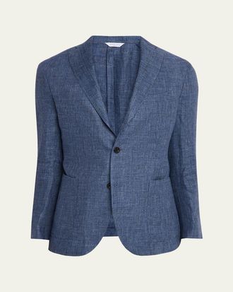Boglioli Mens Plaid Linen Denim Single-Breasted Blazer