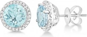Allurez Round Aquamarine & Diamond Halo Stud Earrings Sterling Silver 2.66ct