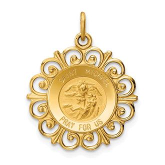 Diamond2Deal 14k Yellow Gold and Satin Solid St. Michael Medal Scalloped Edge Round Pendant