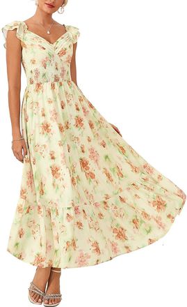 Grace Karin Womens Floral Summer Dress Pockets, V-Neck Ruffled Sleeves Smocked A-Line Dresses for Women UK, Wedding Guest Holiday Dresses Boho Beach Beige-Orange 