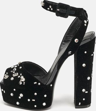Giuseppe Zanotti Black Velvet Crystal Embellished Ankle Strap Platform Sandals