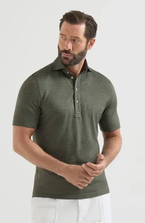 Brunello Cucinelli Virgin wool, silk and cotton piqu&eacute; polo shirt with spread collar in Military at Nordstrom, Size Xxx-Large Eu