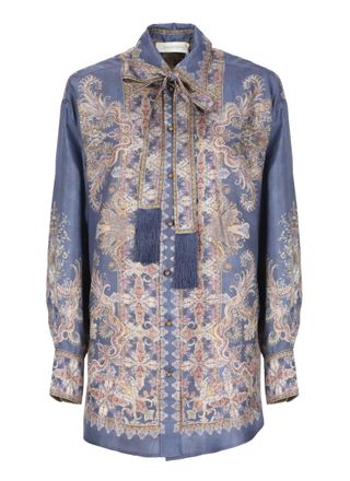 Zimmermann Blue Jeans Bow-Collar Printed Silk Shirt
