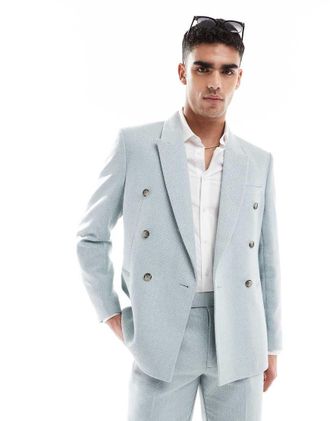 Asos Giacca da abito doppiopetto vestibilit&agrave; classica in misto lana blu chiaro con intreccio a cesto