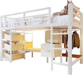 STILVORA Cama Alta 90 X 200 Cm Con Led Regulable, Caj&oacute;n De Tela, Bolsillo De Almacenamiento Y Perchas, Sin Colch&oacute;n, De Metal, Blanco