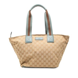 Gucci Beige Blue Canvas Leather Shoulder Bag Tote Bag (Pre-Owned)