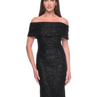 La Femme Off the Shoulder Ruched Beaded Lace Evening Gown in Black at Nordstrom, Size 16