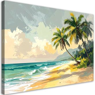 Feeby Cuadro Sobre Lienzo, Paisaje Pastel De Playa Tropical Con Palmeras Estilo Boho, 100x70