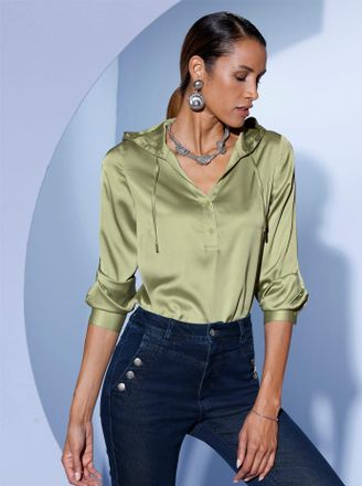 Cr&eacute;ation L Langarmbluse CREATION L, Damen, Gr. 36, pistazie, 97% Polyester, 3% Elasthan, unifarben, V-Ausschnitt, Blusen Langarmbluse