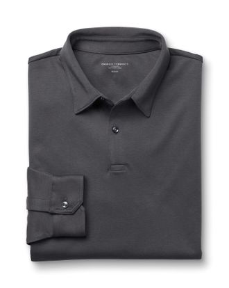 CHARLES TYRWHITT Long Sleeve Smart Cotton Polo - Graphite Grey Size XXXL by Charles Tyrwhitt
