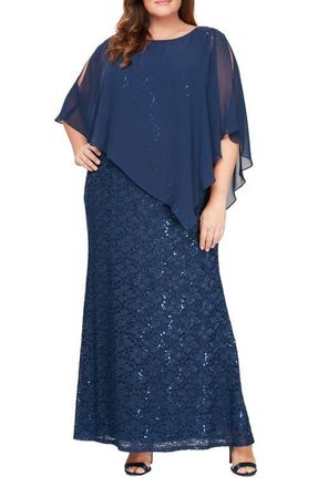 S.L. Fashions Sequin Floral Lace Dress with Capelet in New Navy at Nordstrom, Size 14W