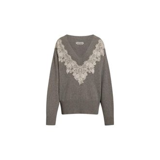 Alberta Ferretti Cashmere V-hals trui met kanten inzet - Dames - Cashmere truien - Grijs - M - Kasjmier - Truien & Vesten