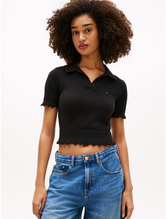 Tommy Hilfiger Womens Tommy Jeans Lettuce-Trim Sweater Polo - Black - XL