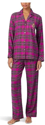 Lauren Ralph Lauren Long Sleeve Brushed Twill Notch Collar PJ Set Womens Pajama Sets Pink Plaid : XL (US 16-18), Twill/Rayon/Cotton