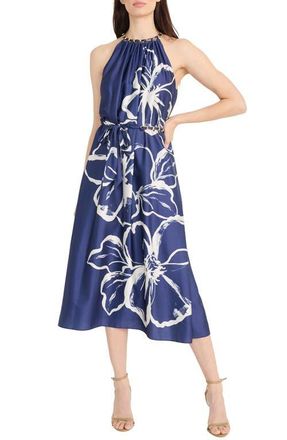 Maggy London Floral Halter Neck Belted Midi Dress in Navy/Ivory at Nordstrom, Size 12