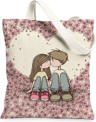Generic Romantic Floral Canvas Tote Bags, Couple Illustration Design Lightweight Washable Reusable Grocery Bags for Spring Outdoor, Peach, 13x15 Inch