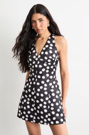 Warehouse Womens Satin Structured Polka Dot Print Mini Dress - Black - Size 14 UK