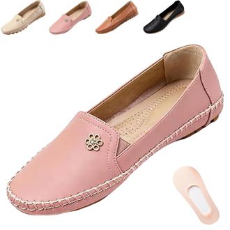 Generic Stylish Orthopedic Leather Shoes All-Day Comfort for Women - Casual Lightweight Slip on Stitched Flat-Soled with Flower (Pink,7.5)