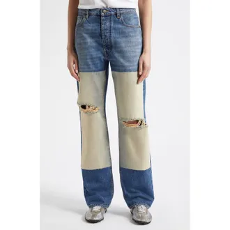 Maison Margiela Ripped High Waist Patchwork Panel Straight Leg Jeans in Medium Blue at Nordstrom, Size 27