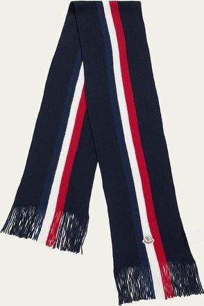 Moncler Mens Wool Tricolor Stripe Fringe Scarf