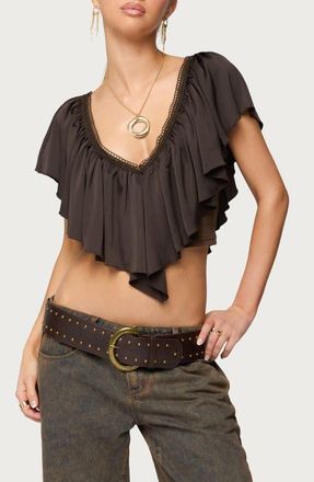 Edikted Deena Ruffle V-Neck Top in Dark-Gray at Nordstrom, Size X-Small