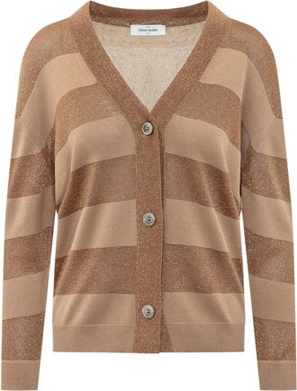 Gran Sasso Gestreepte V-hals Cardigan - Dames - Vesten - Bruin - 2XL - Truien & Vesten