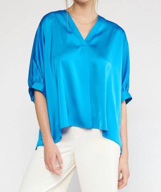 Entro Satin V-Neck Placket Blouse - Plus In French Blue