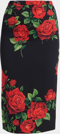 Dolce & Gabbana Rose-Print Silk Midi Sheath Skirt
