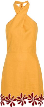 Cala de la Cruz Veneta Floral-appliqu&eacute;d Linen Mini Dress - Orange - S (UK8-10 / S)