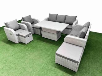 Fimous PE Rattan Garden Furniture Set Reclining Chair Sofa Double Love Seat 2 Seater Sofa Lounge Set Adjustable Lifting Dining or Coffee Table 3