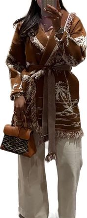 Generic Loose Fit Boho Knitted Cardigan with Tie Waist Retro Embroidered Fringe Knit Jacket for Autumn