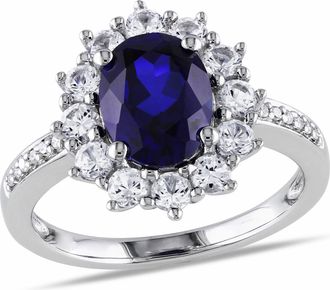 Mimi & Max 4 CT TGW Created Blue and White Sapphire and 0.05 CT TW Diamond Halo Ring in Sterling Silver