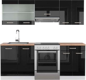 Vicco Mueble De Cocina R-line, Negro Brillo/blanco, 200 Cm, Et Roble, Vicco