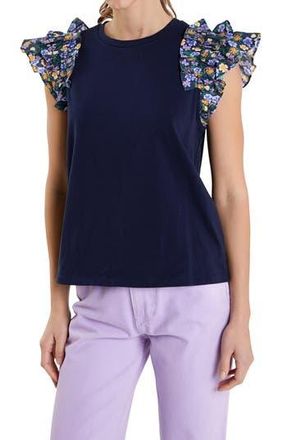 English Factory Floral Ruffle Sleeve Top in Navy Multi at Nordstrom Rack, Size X-Small