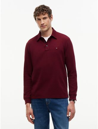 Tommy Hilfiger Mens Regular Fit Long-Sleeve Waffled Polo - Burgundy - L