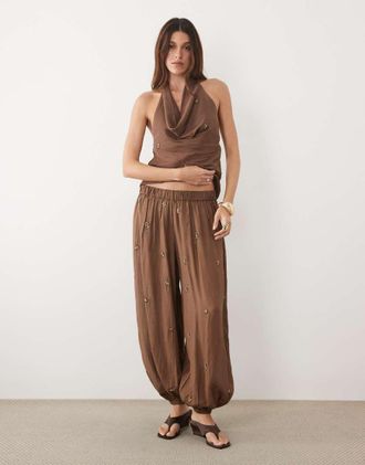 Mango Soliel - Pantaloni marroni con polsini decorati in coordinato-Marrone
