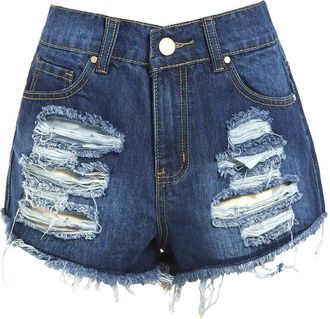 SS7 New Womens High Waisted Ripped Shorts, Black, White, Sizes 6 to 14 (UK - 14, Mid Denim Blue)