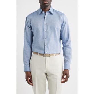Nordstrom Trim Fit Premium Silk Herringbone Dress Shirt in Blue Chambray Herringbone at Nordstrom, Size 14.5 - 32
