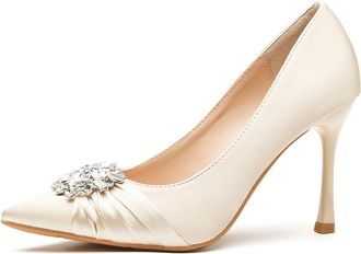 Generic Qynthra Womens Satin Buckle Pointed Toe Mid Heel Slip On Pumps Wide Fit Plus Size Court Shoes for Wedding & Formal Events Soft Breathable Insole Elega