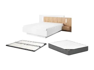 Vente-Unique Letto Con Comodini 160 X 200 Cm 2 Cassetti Con Led Bianco E Naturale + Rete + Materasso - Francoli