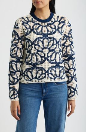 Madewell Rhoda Floral Embroidered Open Stitch Sweater in Navy Floral Embroidery at Nordstrom, Size Xx-Large