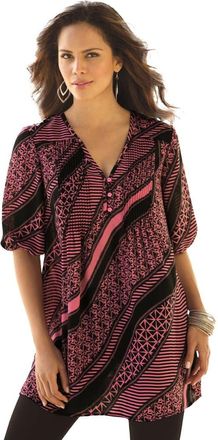 Roaman's Printed Y Neck Georgette Top in Sunset Coral Mixed Geo at Nordstrom, Size 22