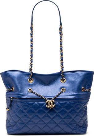 Chanel Pre-owned Womens Cc Calfskin Front Zip Drawstring Chain Tote - Dark Blue Leather - One Size