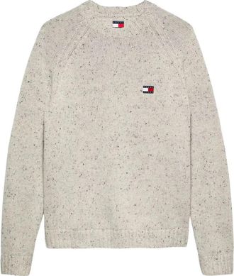 Tommy Jeans Wool Badge Sweater - Heren - Ronde hals truien - Beige - L - Wol - Truien & Vesten
