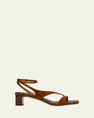 Jimmy Choo London 45mm Faye Suede and Raffia Asymmetric Ankle-Strap Sandals