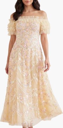 Needle & Thread Ribbon Heart Off-shoulder Ankle Gown in Lemon Sorbet/multi at Nordstrom, Size 14