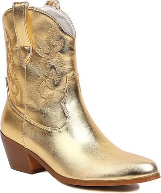 Generic Womens Closed Round Toe Short Boots PU Leather Booties with Embroidery Stitched Mid Block Heel Western Cowboy Boots,Gold,10.5 UK