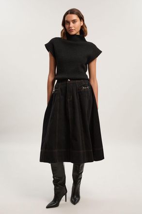 Karen Millen Womens Denim Snaffle Full Midi Skirt - Black Viscose - Size 10 UK