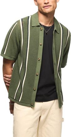 Lucky Brand Stripe Short Sleeve Cotton Button-Up Sweater in Laurel Wreath at Nordstrom, Size X-Large