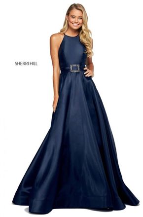 Sherri Hill Mikado A-Line Halter Gown In Navy